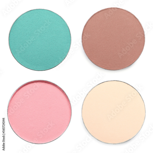 Collage of beautiful different eye shadow refill pans on white background