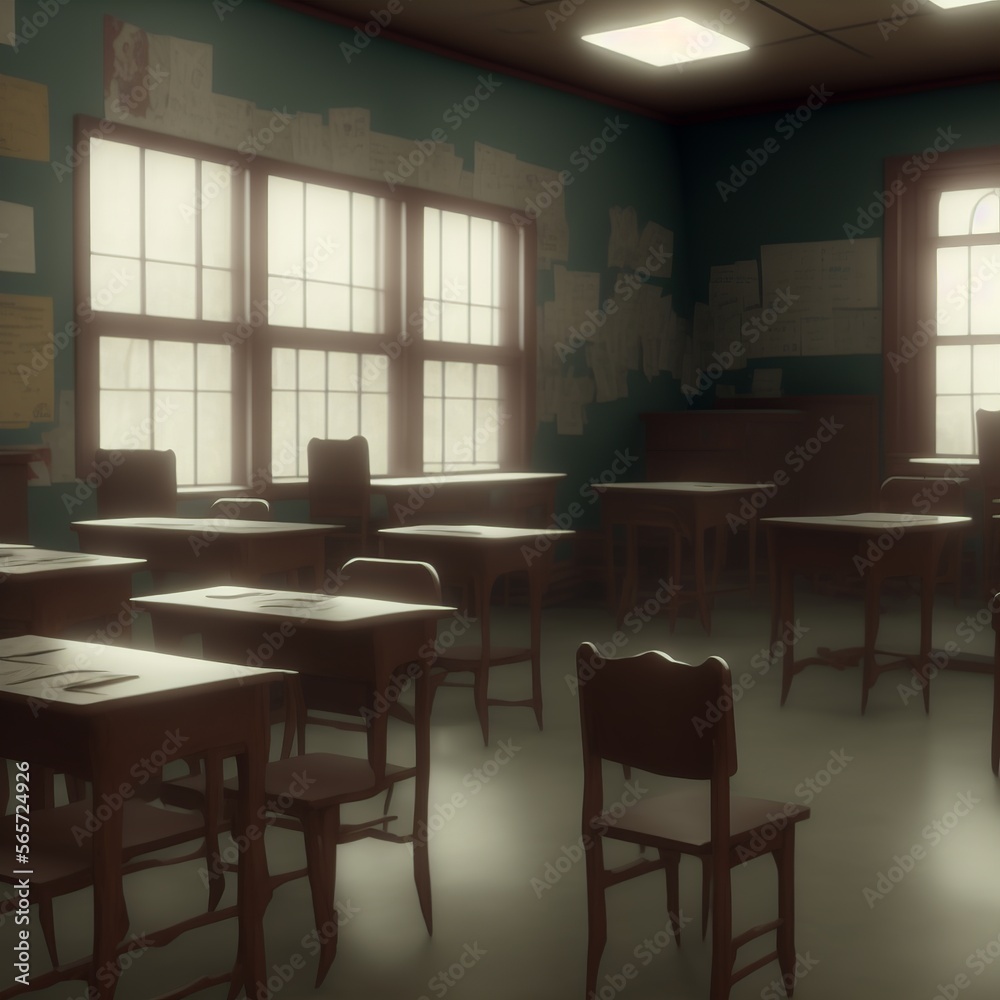 illustration of a school classroom, in a cold and shady environment, classroom only illustration of a school classroom, in a cold and shady environment, classroom only