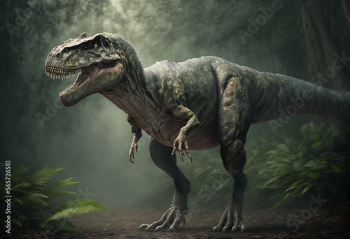 Extremely detailed and realistic illustration of dinosaur, t rex hunting in prehistoric jungle. Generative AI © Snowboy