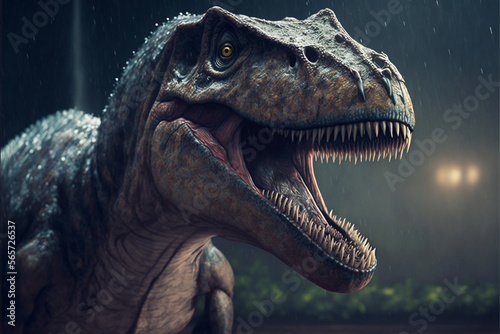Extremely detailed and realistic illustration of dinosaur  t rex hunting in prehistoric jungle. Generative AI