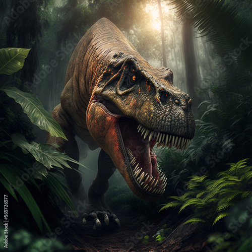 Extremely detailed and realistic illustration of dinosaur  t rex hunting in prehistoric jungle. Generative AI