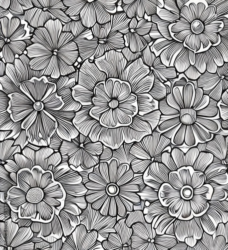 Line drawing of blooming flowers, black and white. Generative AI.