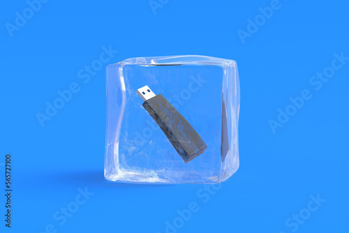 Flash drive in ice cube. 3d illustration