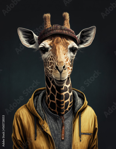Funny giraffe with casual clothes. A tall animal wearing a yellow and fashion coat. Generative AI