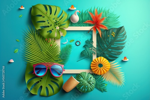 Fun summer flat lay with space in the center, pastel blue background for advertising compositions. Ai generated.