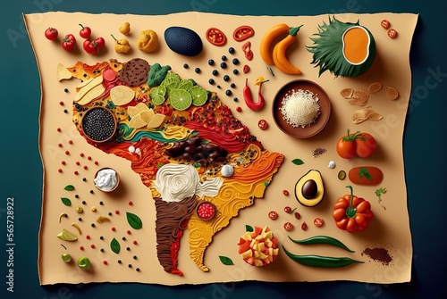 Typical South American foods, a map of the continent with the shape, flat lay. Ai generated