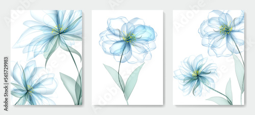 Watercolor art background with transparent blue flowers. Botanical ink set for decor, wallpaper, interior design, textile, poster, invitations.