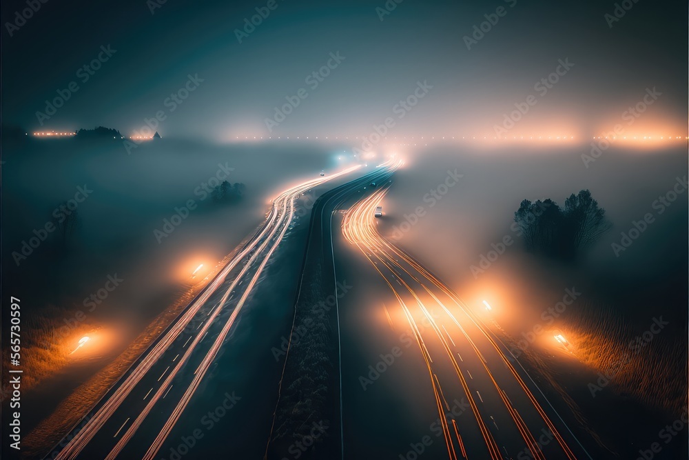 Long exposure Car Lights on Road with Fog