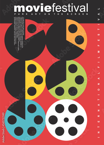 Film festival abstract poster design with camera reels. Contemporary colorful Bauhaus style flyer layout for cinema event. Vector movie fest document template.