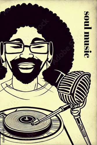 Dj with single record deck and  a microphone.
would be ideal for soul music radio stations and podcasts,with a vintage hue,a nodtothe 60s and 70s era
