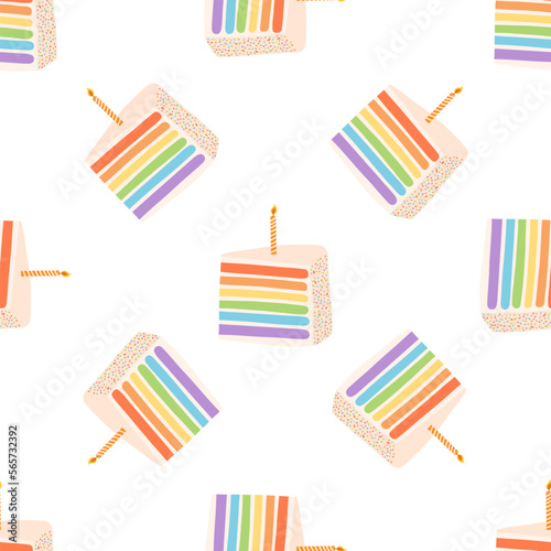 Seamless pattern with rainbow birthday cake and candle in flat style. Vector background of sweet dessert for wrapping paper, cards, textile