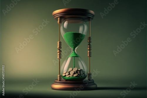 Hourglass with coins on green background, investment time concept, Generative AI 