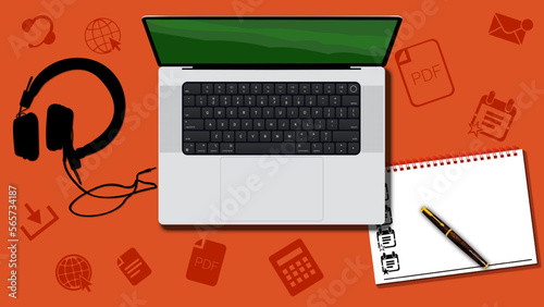 Live, Instructor-Led Online Training, original conception for original Training, open laptop headphones on the table original vision to online learning