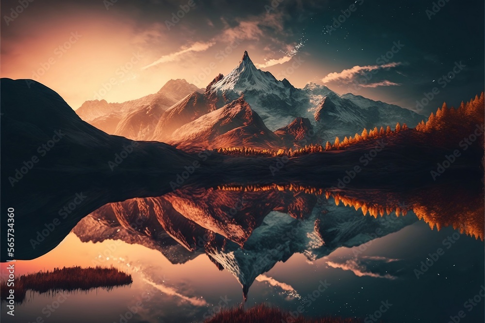 A picturesque mountain range with a sunset casting a warm glow over the peaks. Generative AI.