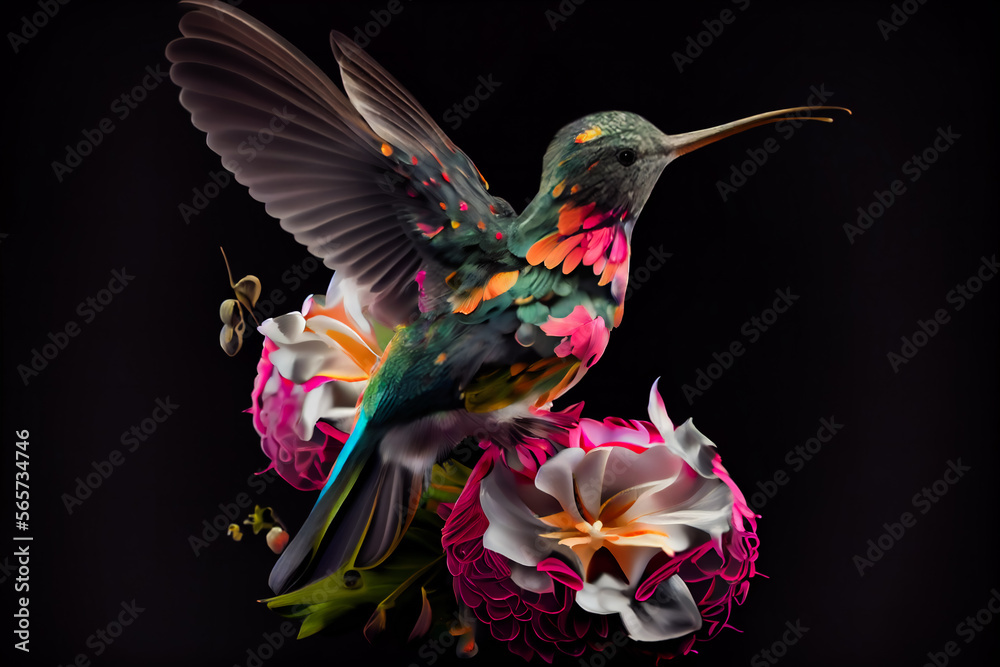  Hummingbird sitting on the flower. Generative AI.