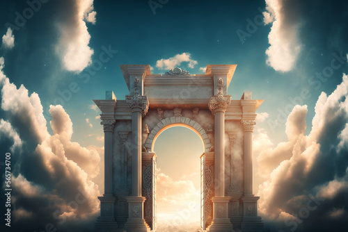 Photographie gates of paradise, gateway to heaven, gate in the clouds, door, generative ai