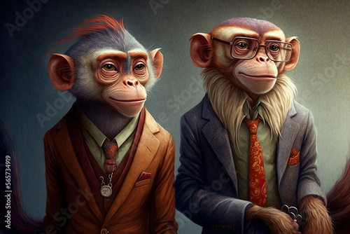 charismatic and charming monkeys wearing different colored suits and ties, while attending a business meeting, generative ai