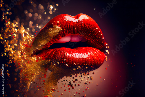  Red lips with gold liquid. Generative AI
