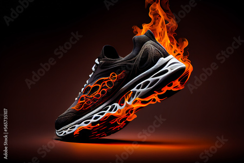  Sneakers on fire. Burning shoes. Generative AI.