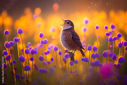  Singing Song Bird in Field of Flowers. Generative AI.