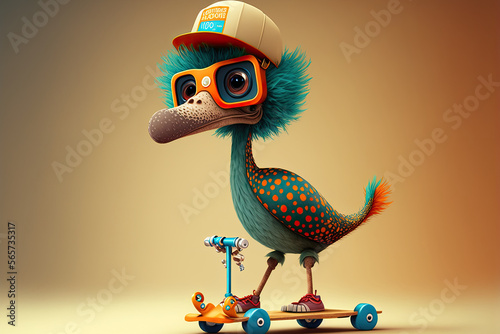 funny and quirky ostrich wearing a pair of roller skates and a helmet, while skating, generative ai