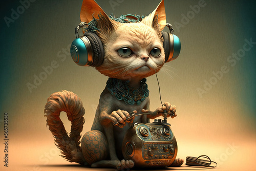 Playful and mischievous cat wearing a pair of headphones and holding a microphone, generative ai photo