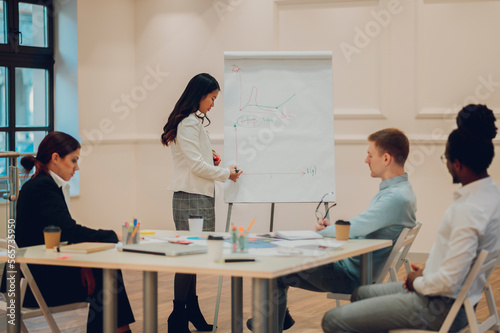 Asian businesswoman holding a meeting to his diverse colleagues in an office