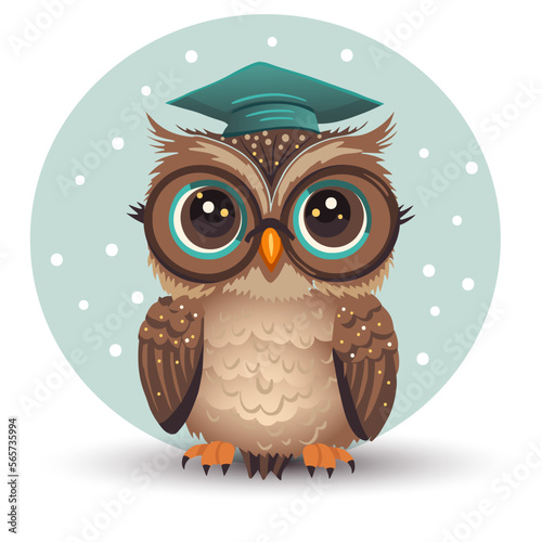 Cartoon cute wise owl with a hat vector character. Smart animal, kids cheerful illustration. Colorful funny beautiful design.