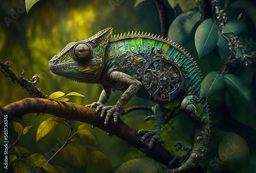 illustration green mecha iguana on a tree.Generate AI