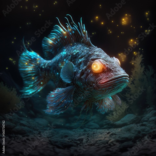 Giant fish monster, grouper deep in ocean, surreal fish. Bioluminiscence, luminous light under water. AI generative art.