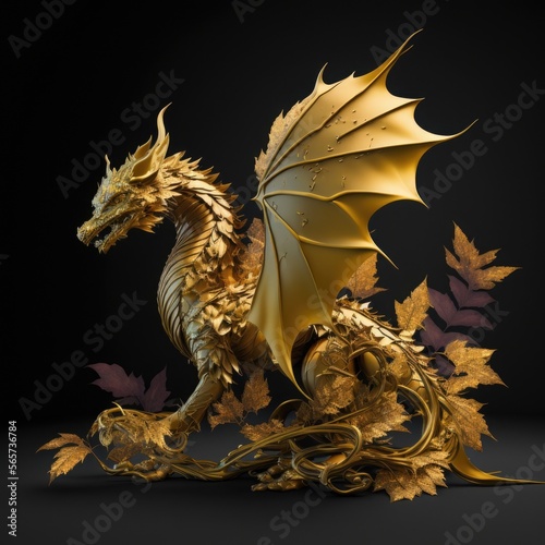 Golden dragon with Autumn yellow leaves on black background. Golden leaf finish. AI generative.