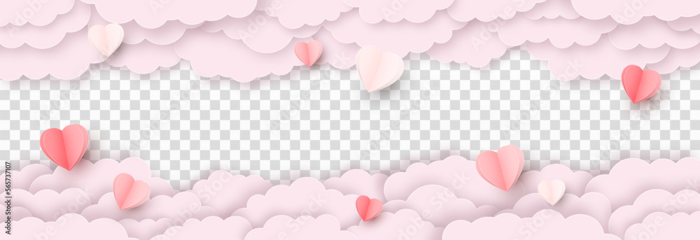 Vector multicolor paper hearts png. Paper hearts on a pink sky background. Paper sky png. Valentine's Day, March 8, Mother's Day.