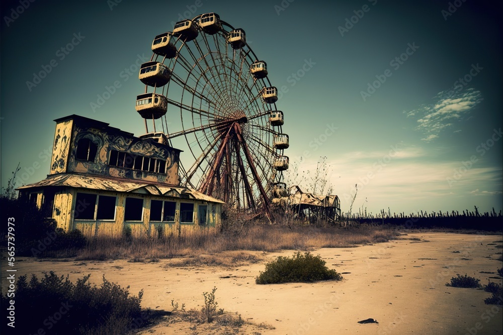 Abandoned amusement park with a ferris wheel in the b, created with Generative AI technology