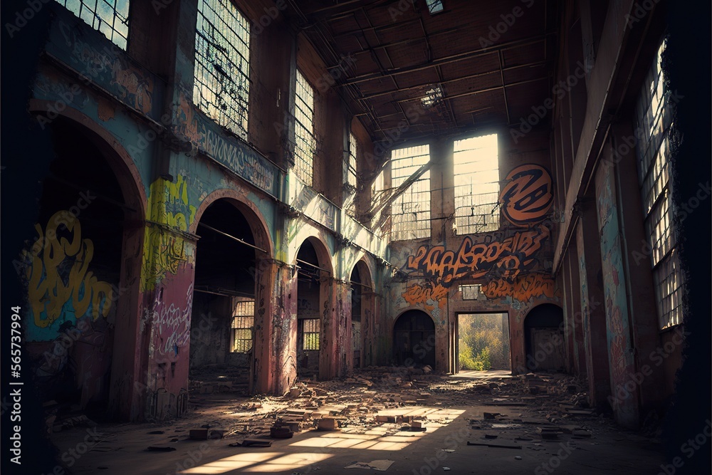Abandoned factory with graffiti on the walls, created with Generative AI technology