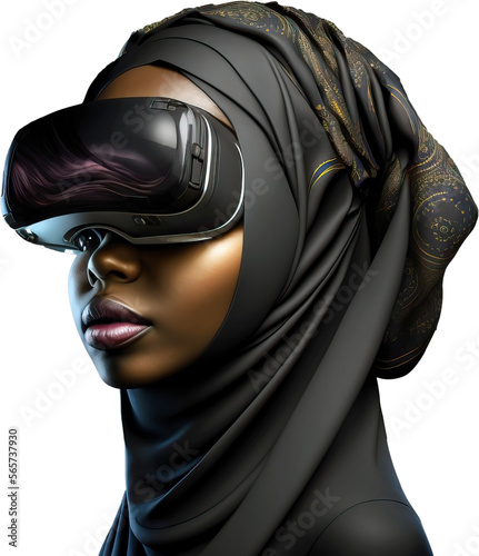 Beautiful African girl in black hijab with VR headset, without background | Generative AI Production