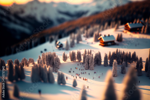 aerial view of a ski resort with people having fun doing sports in the snow with selective focus, generative ai