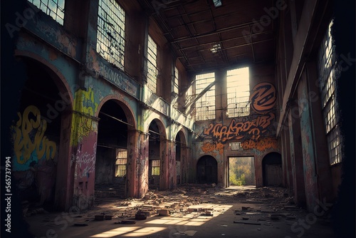 Abandoned factory with graffiti on the walls, created with Generative AI technology © tookitook