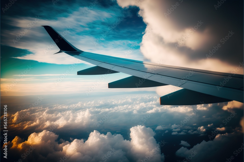 Obraz premium Airplane wing with the clouds passing by during a flight, created with Generative AI technology