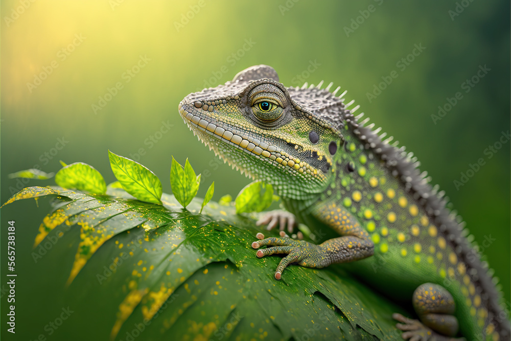 Fototapeta premium Wildlife, adorable lizard on the leaf. Selective focus.
