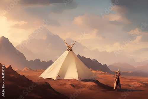 Paint art AI created by my own words. Living in the dessert alone in a tent. THe weather is warm, sunset vibe surrounded by moutains.