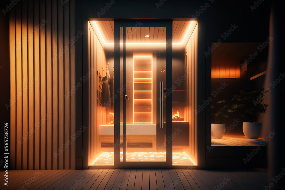 Home wooden sauna, spa room. Generative AI. Home wooden sauna, spa room. Generative AI.