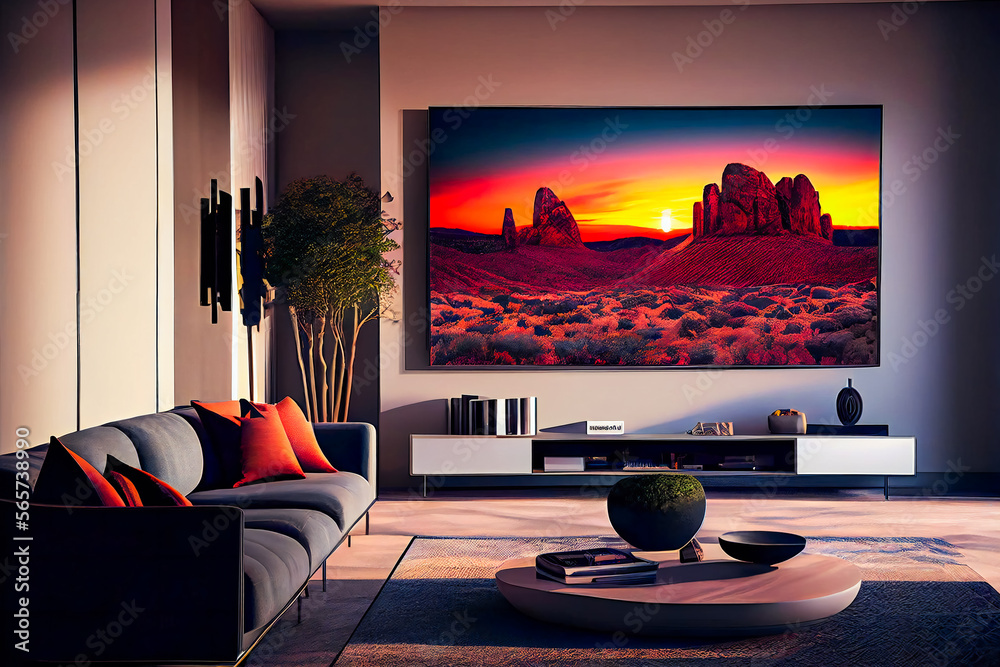 Living room with Big TV on the wall in the room in a modern style