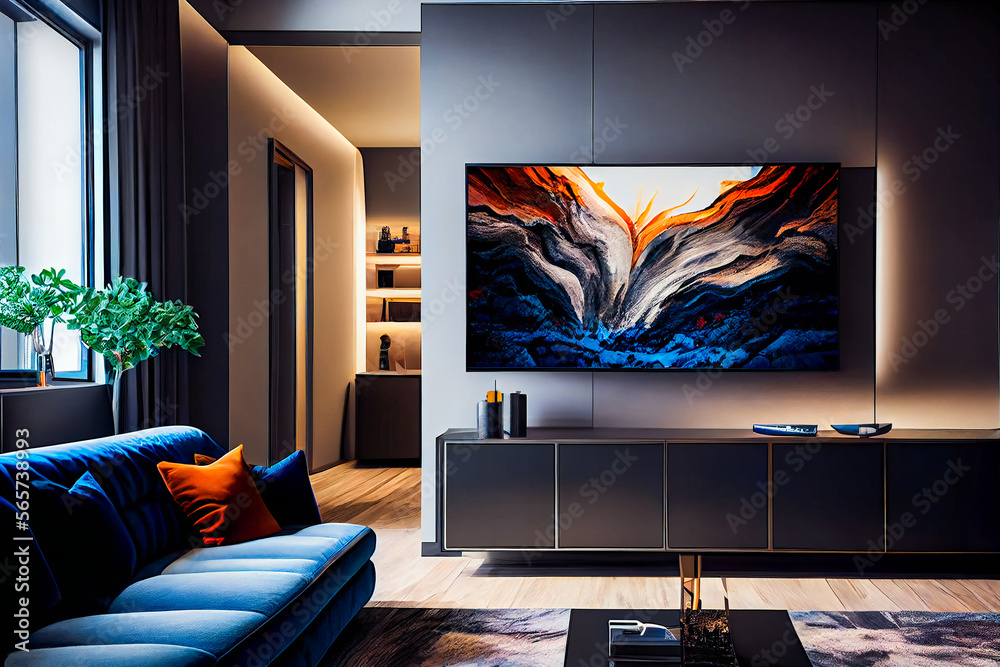 Living room with Big TV on the wall in the room in a modern style ...