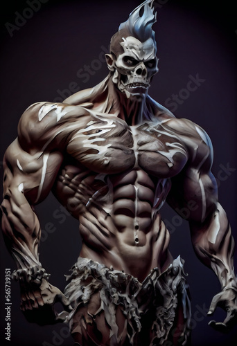 Monster with huge muscles and Skull Face.  Generative AI. © EwaStudio