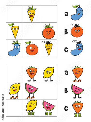 Logical tasks composed of fruit. IQ test. Choose correct answer. Educational game for children