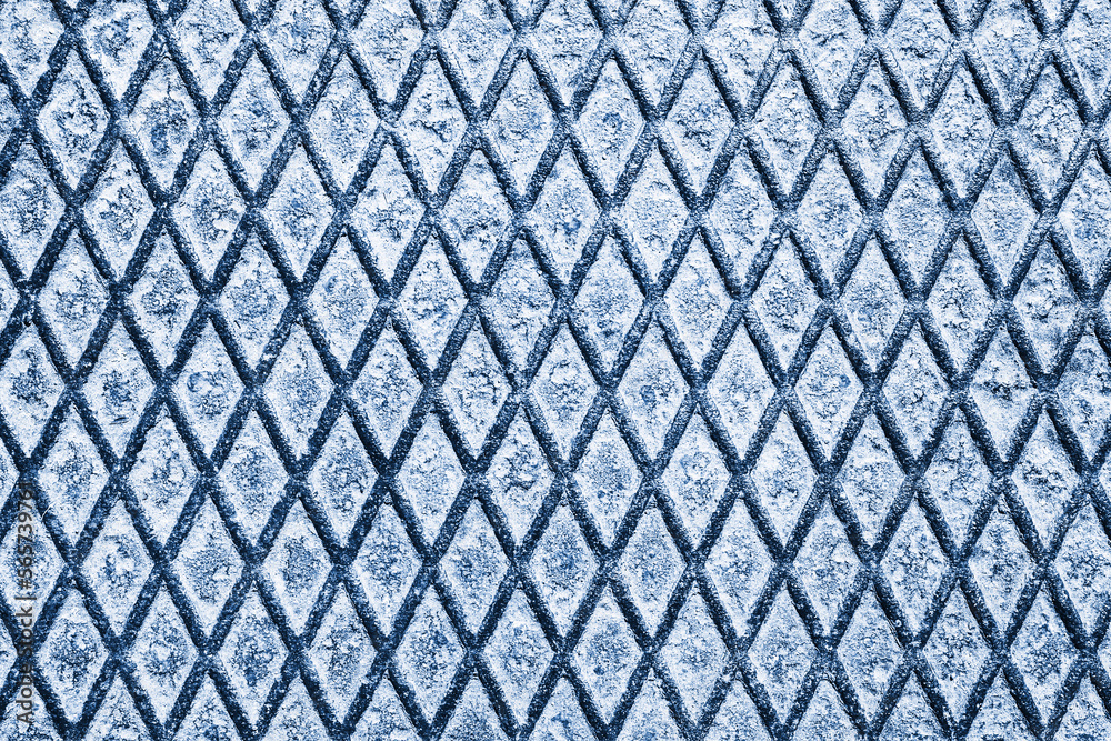 Fototapeta premium Metal grid walkway. Grunge steel mesh texture. Heavy iron backdrop pattern. Industrial grate design background. Blue grunge industrial backdrop.