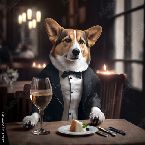 Realistic dog in costume in a restaurant with a glass of wine, portrait generative ai