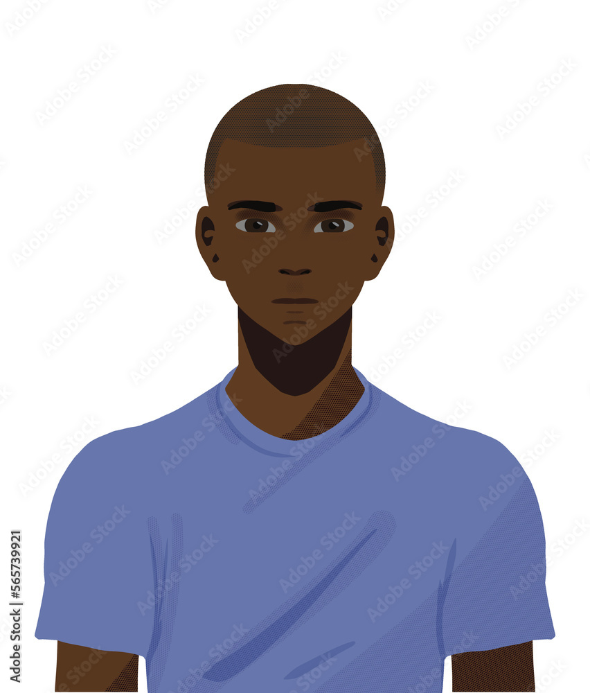 Jeune homme cheveux rasés yeux noirs T-shirt bleu violet
