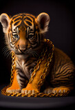 Portrait of a Tiger with Gold Chain on Black Background. Generative AI.
