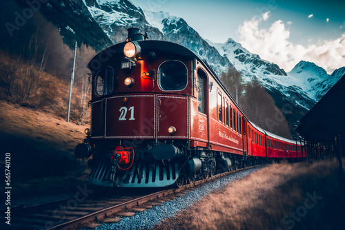 Red train around the beautiful mountains. Generative AI.